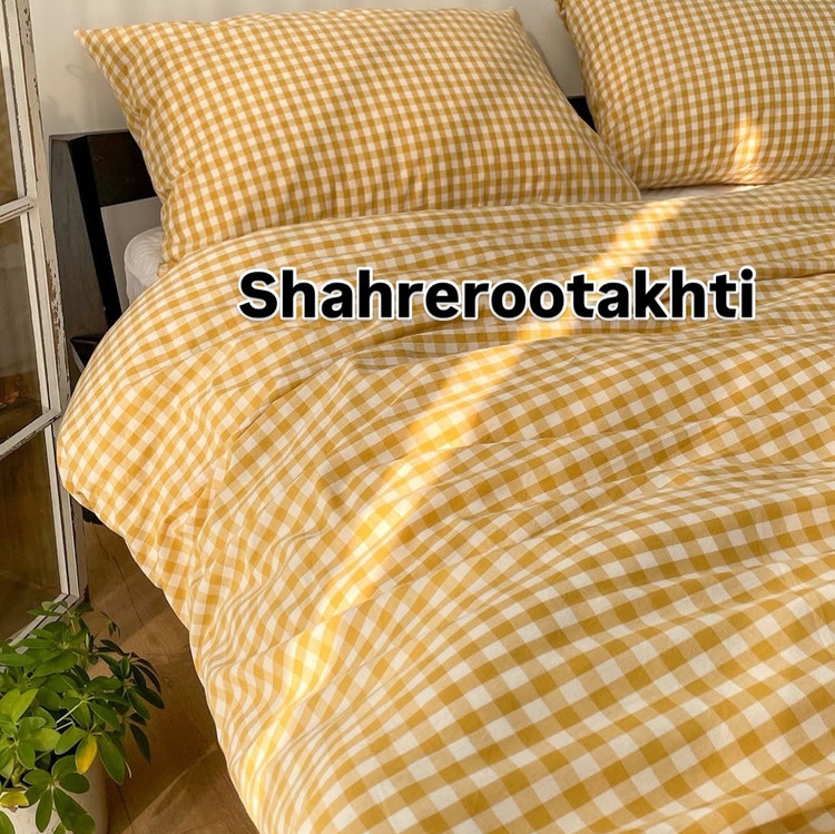 لحاف و روتختی چهارخانه پینترستی و مینیمال خردلی