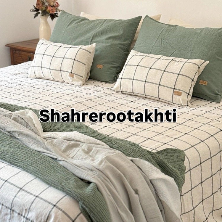 لحاف و روتختی چهارخانه سفید و سبز صدری