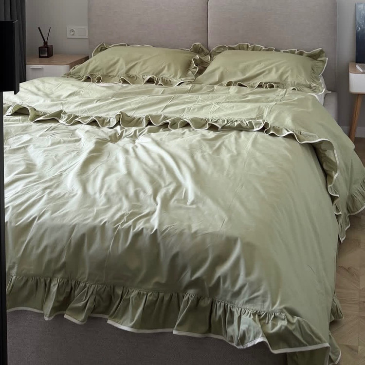 ست لحاف و روتختی کلاسیک چیندار نخی سبز سیج